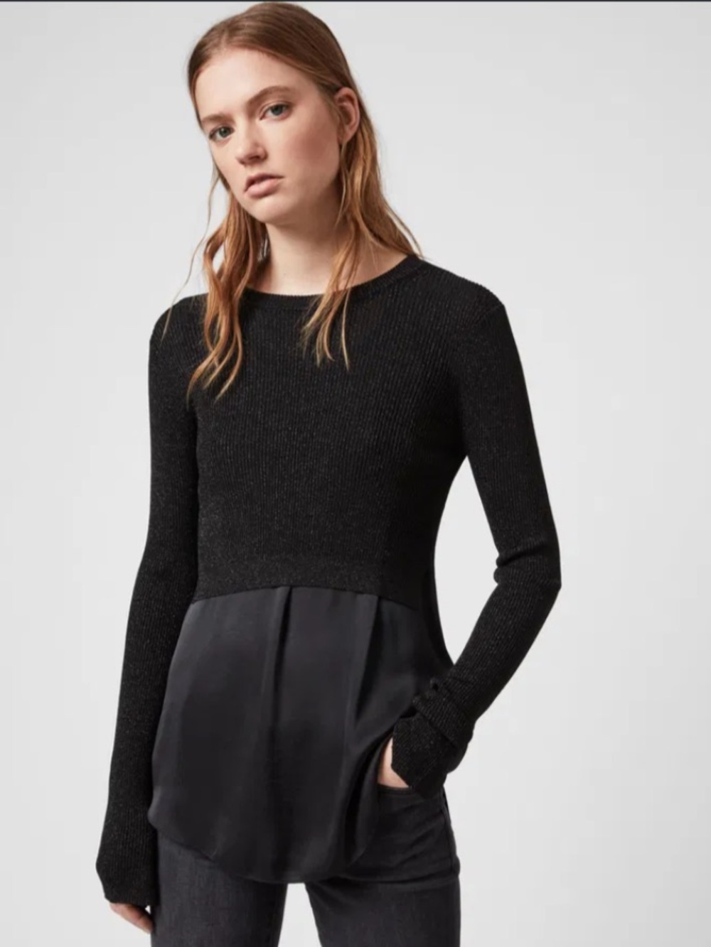 ALLSAINTS Kowlo Shine Jumper Sz M Black Ribbed Metallic Cropped Sweater